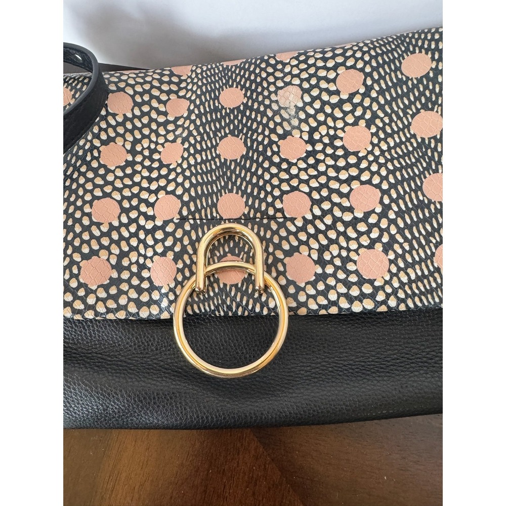 Black Leather‎ Foldover Crossbody Handbag Pattern Flap Gold Ring Hardware